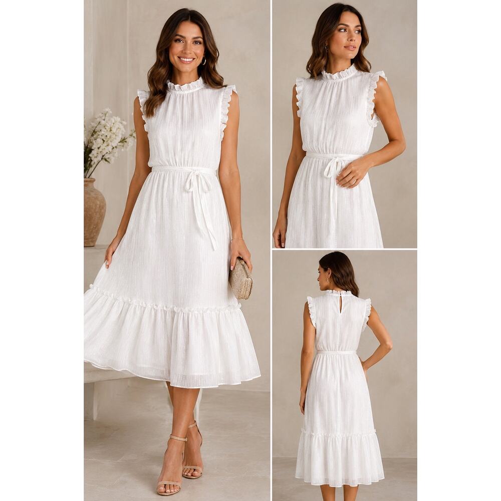 Leslie Fay White Metallic Stripe Ruffle Neck Midi Dress Size 14